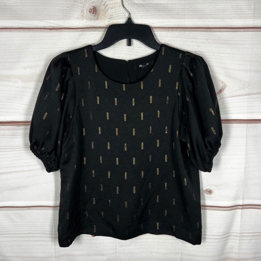 Madewell Puff Sleeve Top Women XXS Black Metallic Dash Pattern Whimsigoth Blouse